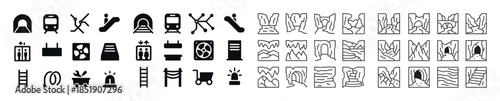 Tunnel and bridge icon set with various transport and natural el