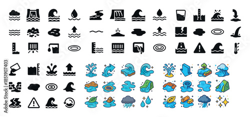 Set of water-themed icons: waves, drops, splash, weather, flood