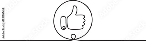 continuous line like icon. draw one line thumbs up in circle, like icon on social media. single line vector illustration. one line Icon drawing