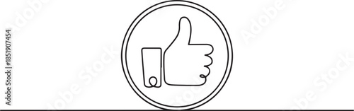 continuous line like icon. draw one line thumbs up in circle, like icon on social media. single line vector illustration. one line Icon drawing