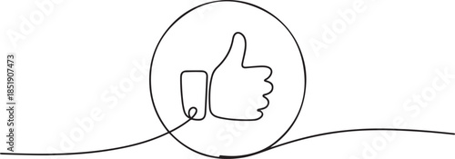 continuous line like icon. draw one line thumbs up in circle, like icon on social media. single line vector illustration. one line Icon drawing