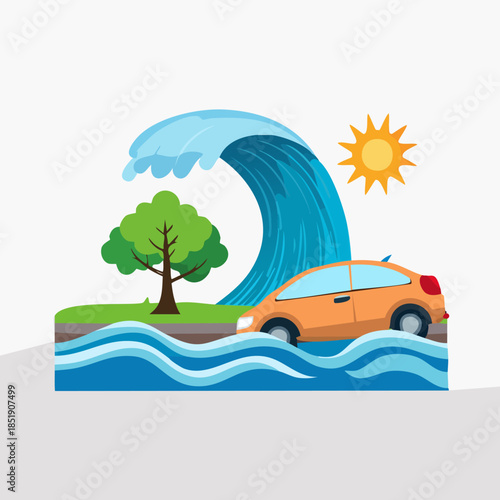 Tsunami wave engulfing car near tree, sunny day, disaster scene.