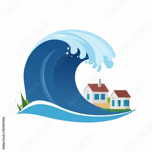 Tsunami Wave Threatening Coastal Houses Illustration.