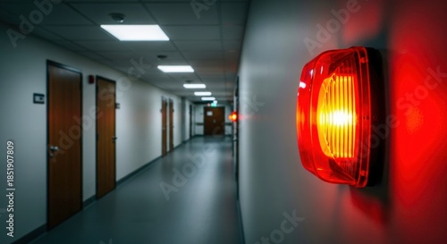 Fire alarm detector flashing red light in corridor. Emergency warning system for building safety. Fire prevention device, security system. Safety concept