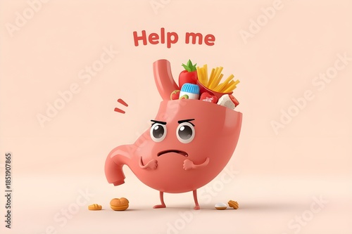 Digestive system health awareness 3D character suffering from junk food and calories