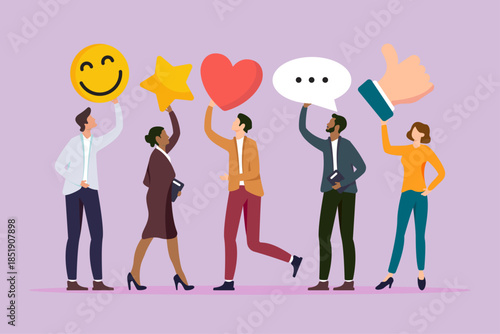 Diverse group of people holding social media emoji icons like, thumbs up, hearts, smiles, stars, and speech bubbles, online engagement illustration, user reactions, positive reviews, vector clipart