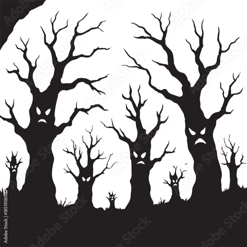 Spooky trees with glowing faces in dark forest Silhouettes