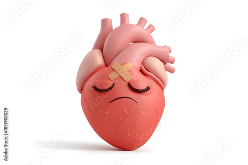 Cute personified heart character suffering from heart attack or grief on a white background