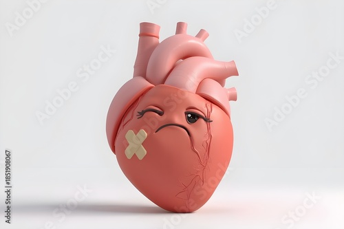 Cute personified heart character suffering from heart attack or grief on a white background