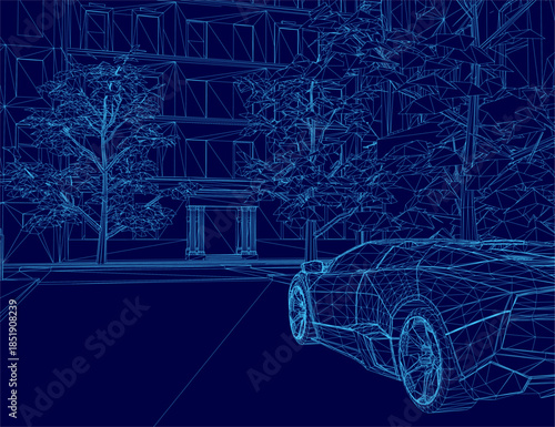 Blueprint wireframe of a car parked on a city road in front of a building, with trees in the background.