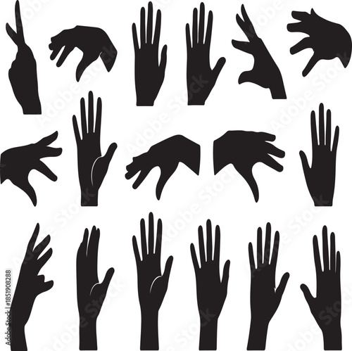 A colorful art pattern of people's hands and fingers in a vector illustration set features volunteer palm silhouettes and a group of arms raised up as a symbol of love and help