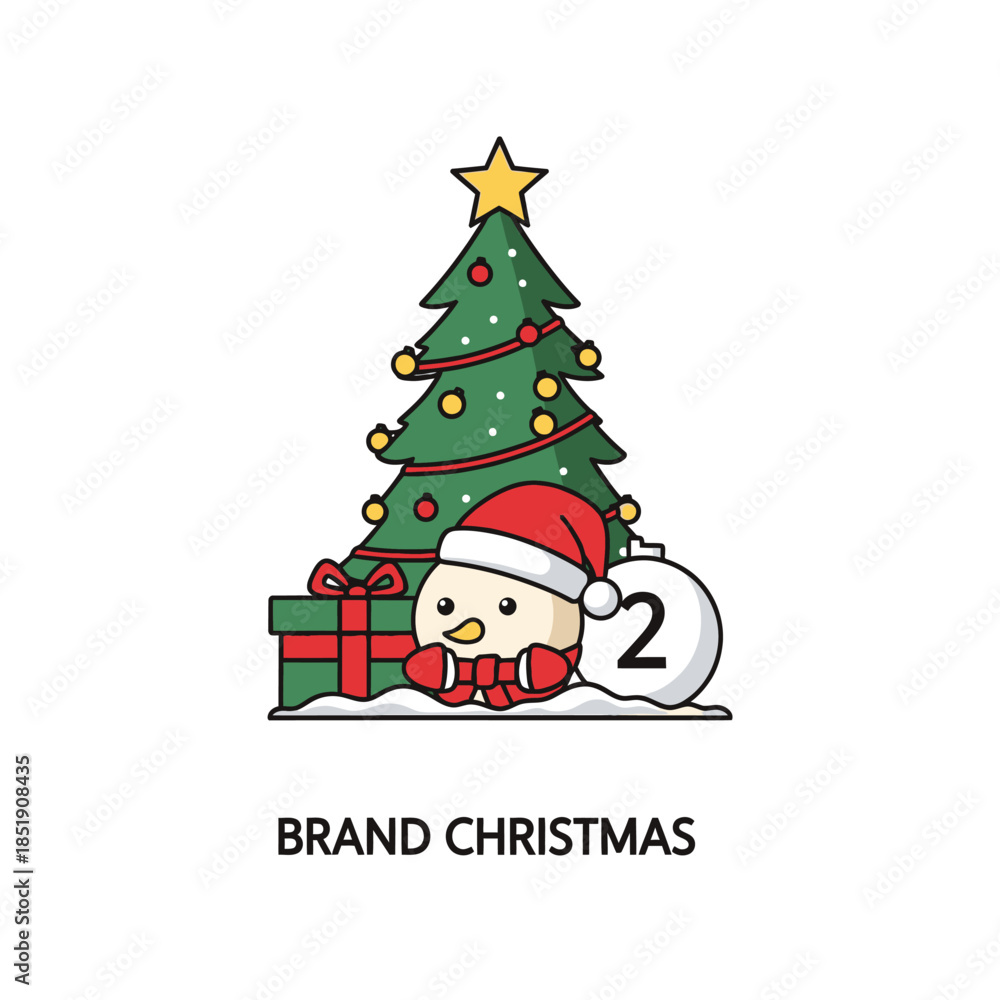 Naklejka premium Christmas Tree and Gift Box with Cute Penguin.