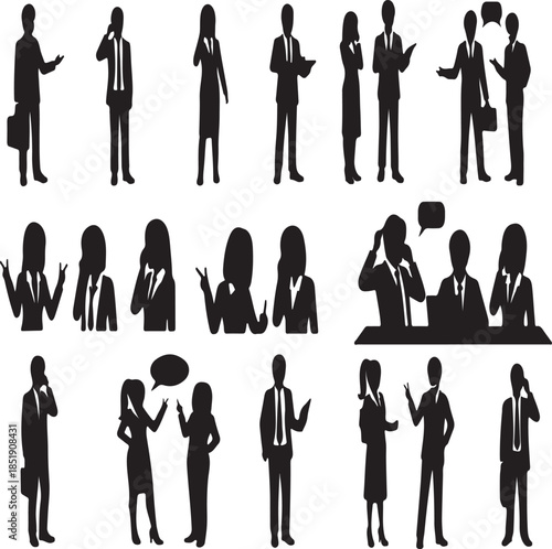 A collection set of business people silhouettes featuring a group of professional men and women icons in suits, illustrating a diverse team of workers and walking figures in a black vector design