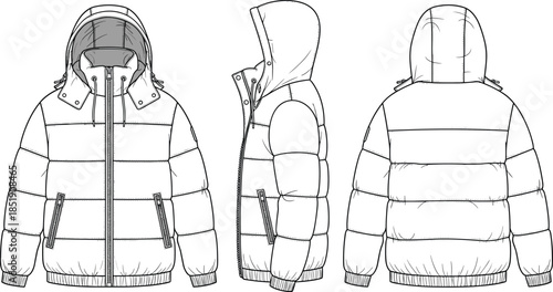 Hooded puffer jacket, front side back view, cad drawing flat vector illustration, winter outerwear apparel technical fashion design