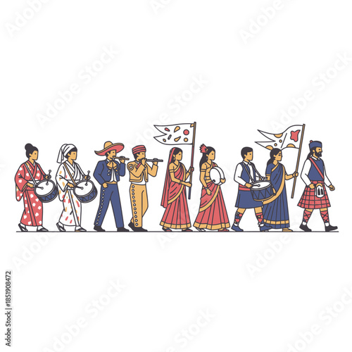 Diverse cultural parade procession illustration.