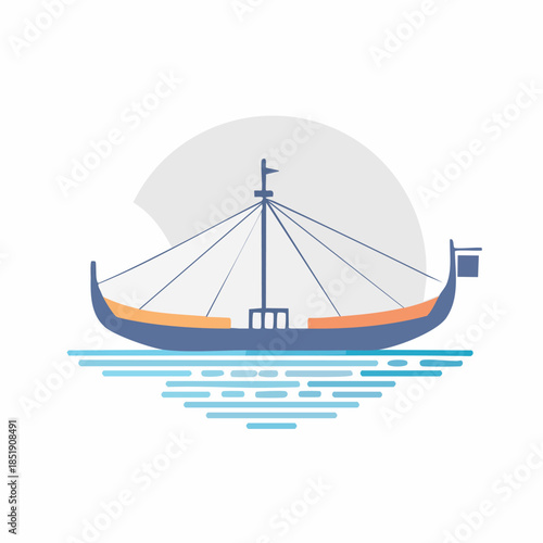 Viking Ship Sailing on the Sea with a Flag and Mast.