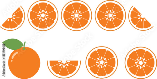 Orange slices illustration set, fresh citrus fruit collection, whole orange and cut pieces, healthy food icons, flat vector style