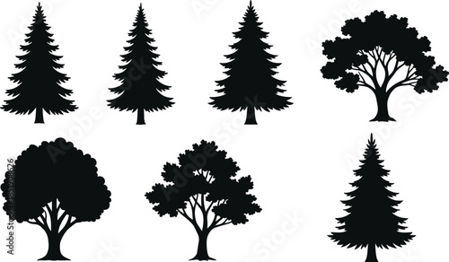 Tree silhouettes illustration set, pine and deciduous trees, forest elements collection, black tree icons, nature landscape, flat vector style