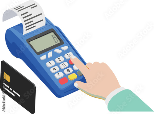 POS terminal payment illustration, credit card transaction, hand entering PIN, electronic receipt, cashless payment concept, flat vector style