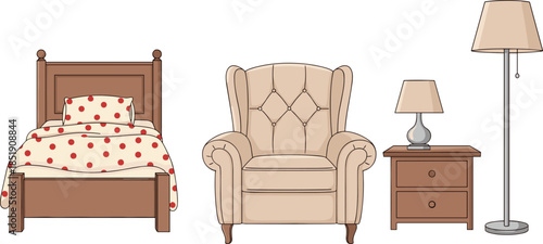 Bedroom furniture illustration, bed, armchair, bedside table, floor lamp, home interior decor, cozy living space, flat cartoon vector style