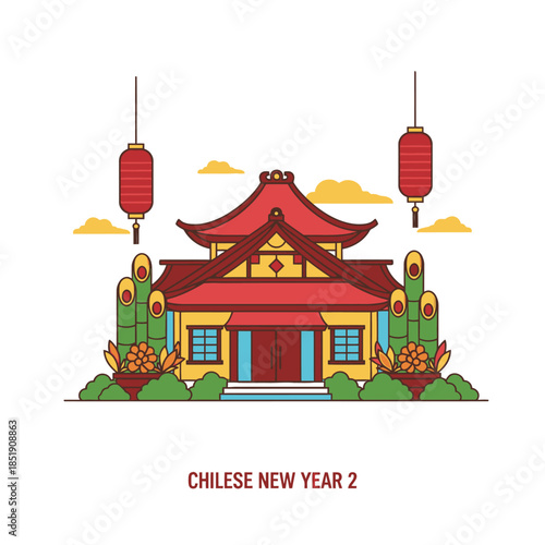 Traditional Chinese Building with Lanterns and Bamboo.