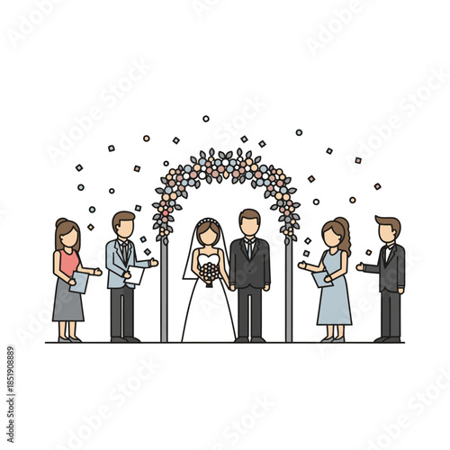 Wedding ceremony with bride and groom under floral arch.