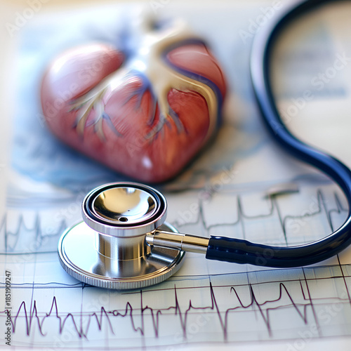 Stethoscope on ECG print with heart model, medical checkup concept