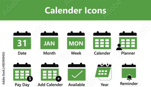 Calendar icon set. Containing date, schedule, month, week, appointment, agenda, organization and event icons. Solid icon collection. Vector illustration.
