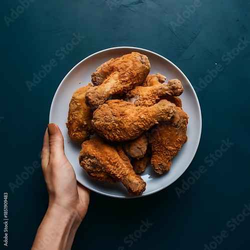 Hand holding a plate of crispy fried chicken drumsticks Ai Generated