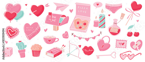 Valentine's day doodles collection for prints, cards, stickers, banners, posters, invitations decor. EPS 10