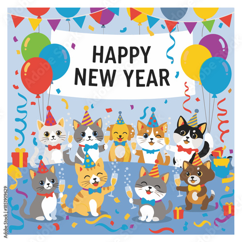 Happy New Year pets celebration cute cats and dogs with party