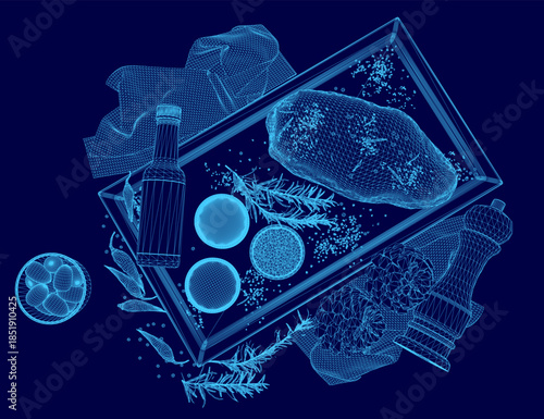 A wireframe box on a blue background contains a curated selection of food items, a bottle, and a small plant.