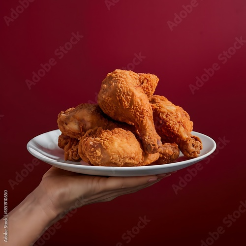 Hand holding plate of crispy golden fried chicken Ai Generated