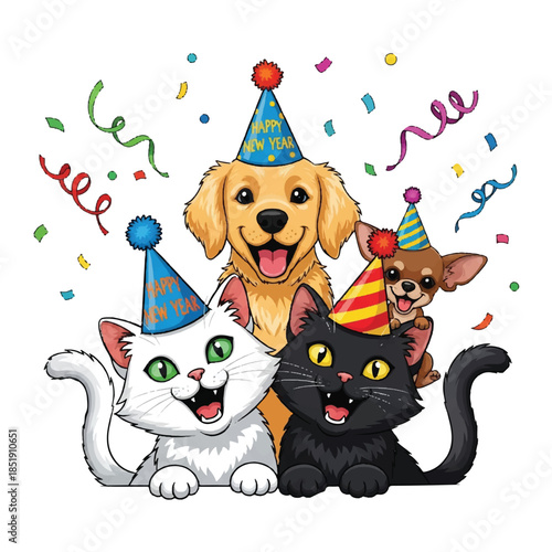 Happy New Year pets in party hats celebrating