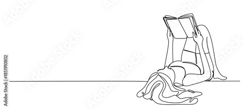 Young Woman Reading a Book in a Continuous Line Drawing Set