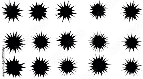 Abstract collection of spiky black starburst explosion shapes on white background