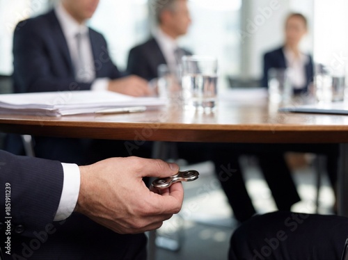 A businessman secretly uses a metal fidget spinner under the conference table to manage stress and anxiety during a formal corporate board meeting.