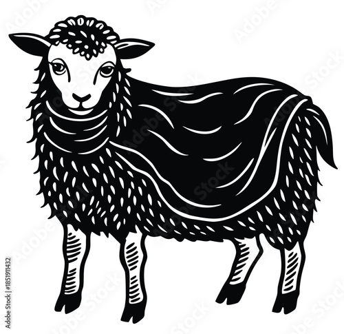 Stylized monochrome illustration of a woolly sheep, embodying natural comfort and the essence of soft, warm fibers. A graphic symbol representing quality and natural textures in a timeless style