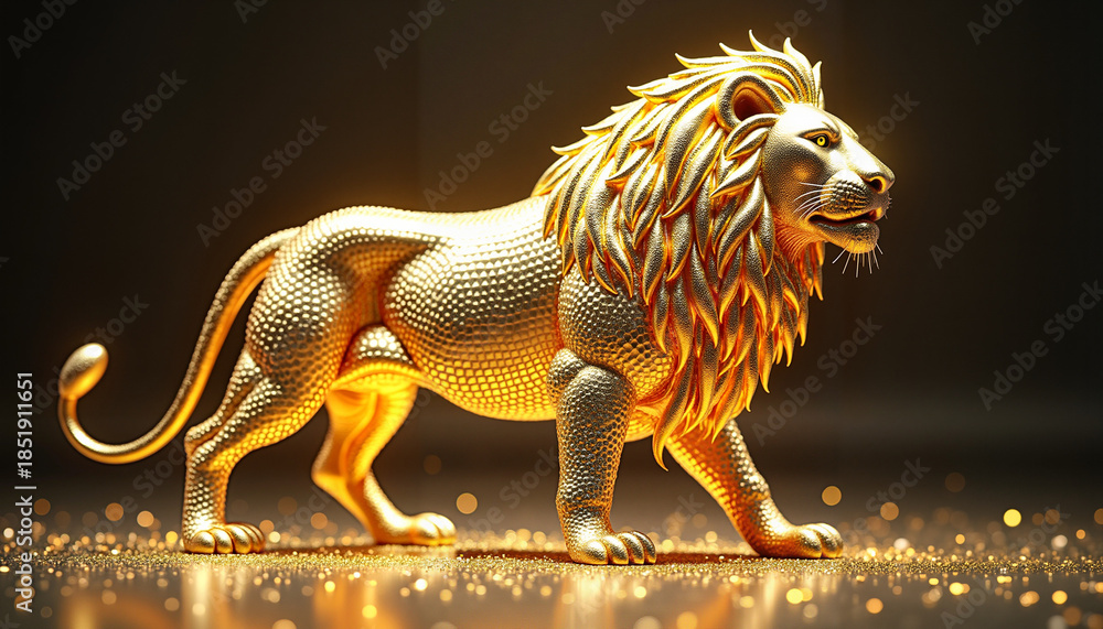 Naklejka premiumRegal Golden Lion Statue with Textured Metallic Surface, Glowing in Luxurious Light — Symbol of Power, Wealth and Royalty for Business, Luxury & Fantasy Concepts