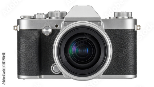 Silver and black camera with large lens leather isolated on a transparent background