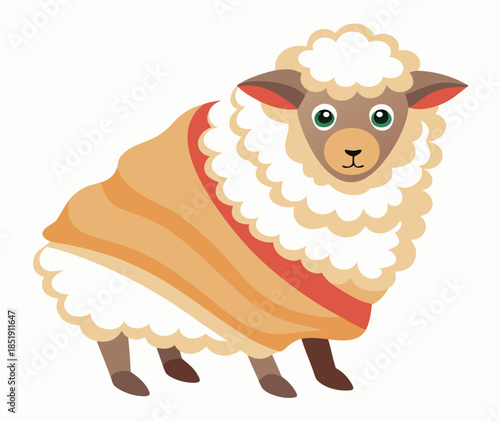 Charming Cartoon Illustration of a Fluffy Sheep Wearing a Cozy Blanket, Perfect for Children's Books, Farm Themes, and Pastoral Designs