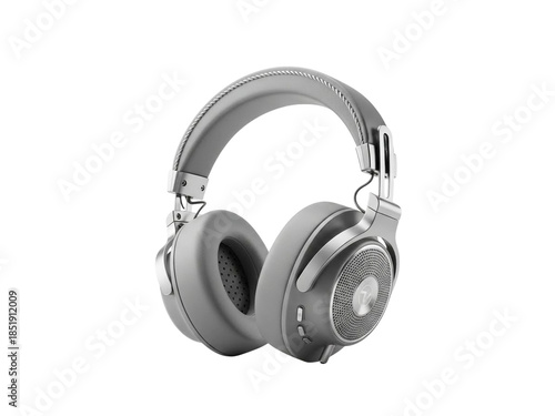 Gray wireless headphones with silver accents and mesh grille