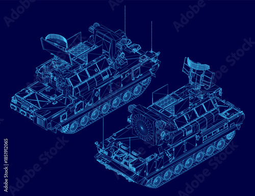 Detailed blueprint of two military tanks on a blue background, featuring intricate lines and curves for a realistic technical illustration of an anti-aircraft missile system. Isometric view