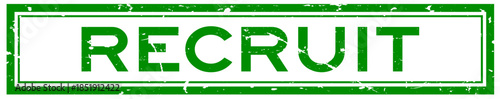 Grunge green recruit word square rubber seal stamp on white bacckground