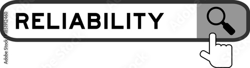 Search banner in word reliability with hand over magnifier icon on white background