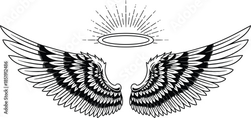 Angel wings silhouette with holy halo and sunburst light, featuring heavenly feather details, divine spirit symbols, and religious christian icon.