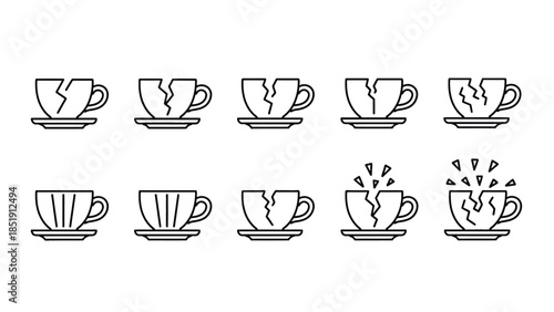 Broken coffee cups in various stages of damage and repair