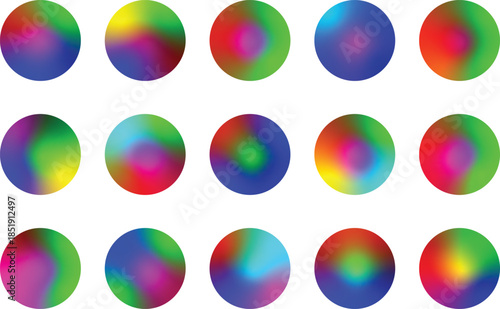 Vibrant multicolored spheres in rows on white background, colorful gradient balls