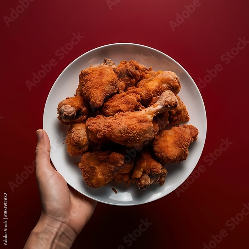 Hand holding a plate of crispy fried chicken drumsticks Ai Generated