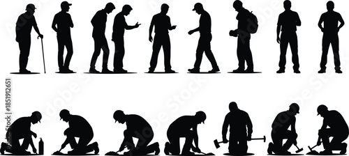 Construction worker silhouettes set featuring builders, laborers, engineer characters, manual workers digging, hammer tools, architectural staff, and industrial site personnel icons.